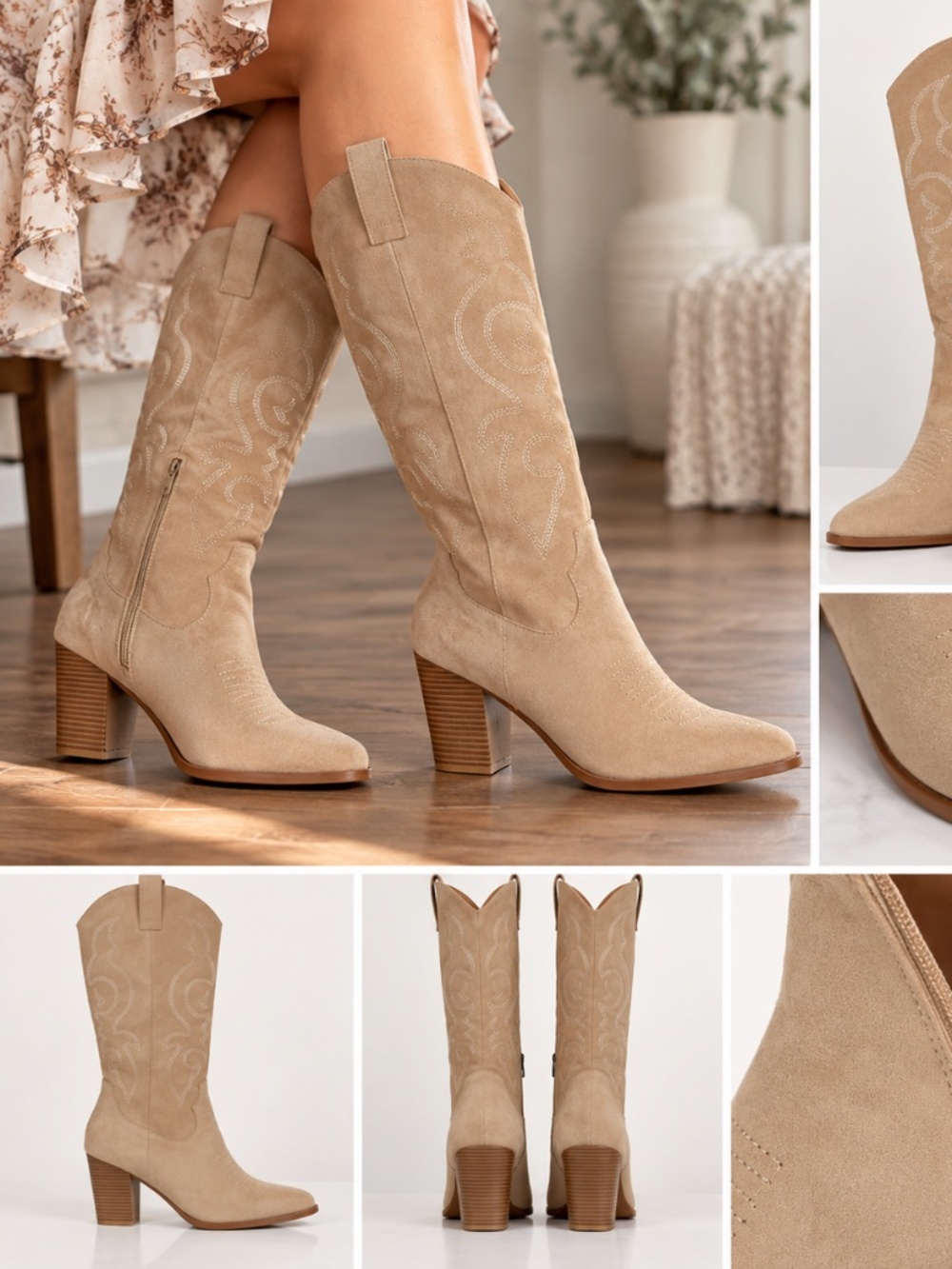 Women’s Size 11 Beige Western Cowboy Boots Embroidered Pointed Toe New